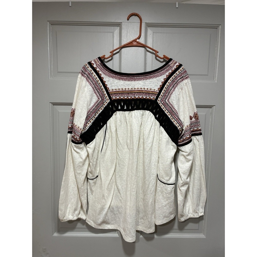 Pyramid Collect Boho Peasant Top Womens 1X Cream Embroidered Lattice Panels